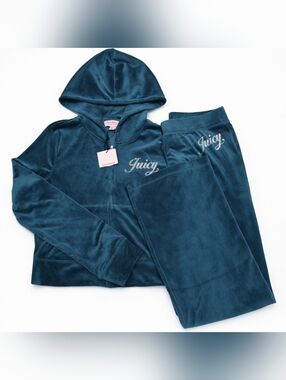 Juicy Couture Sea (Teal) Velour Rhinestone Logo Hoodie & Pants Set - M